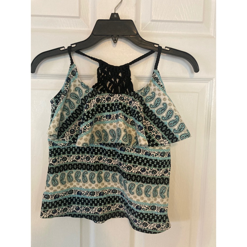 Arizona Jean Co Paisley Boho Tankini Top Macrame Racerback Teal Black‎ Medium